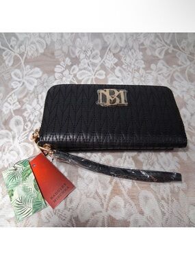 Badgley Mischka Black Quilted Zip-Around Wristlet Wallet with Gold Logo